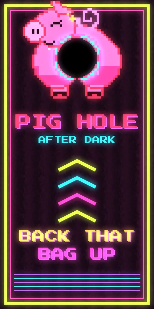 PIG Hole After Dark glow-in-the-dark cornhole board on a dark lawn, glowing neon pink, yellow and cyan.