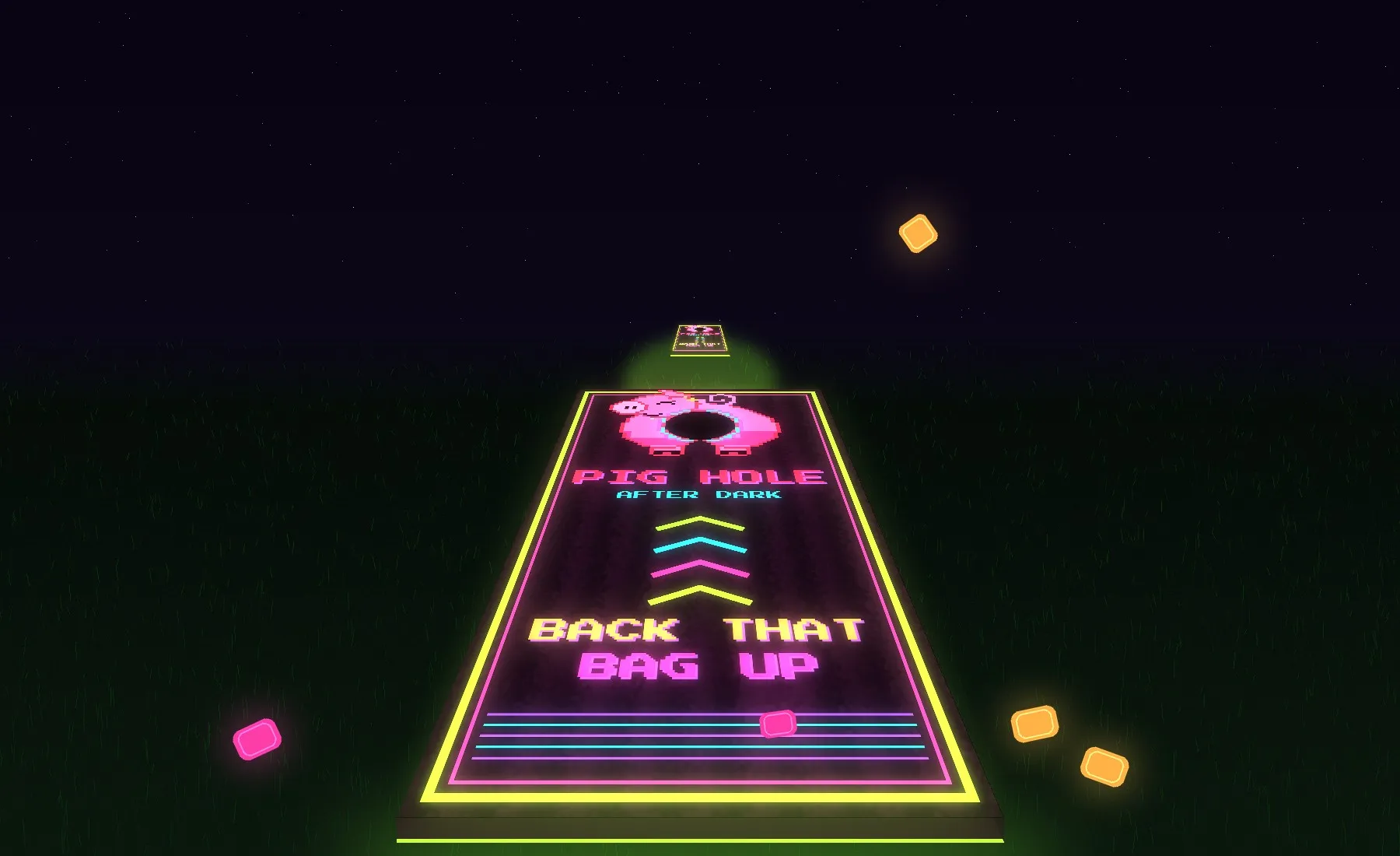 A PIG Hole After Dark cornhole board glowing at night in neon pink, yellow and cyan, reading BACK THAT BAG UP, with glowing magenta and amber bags.