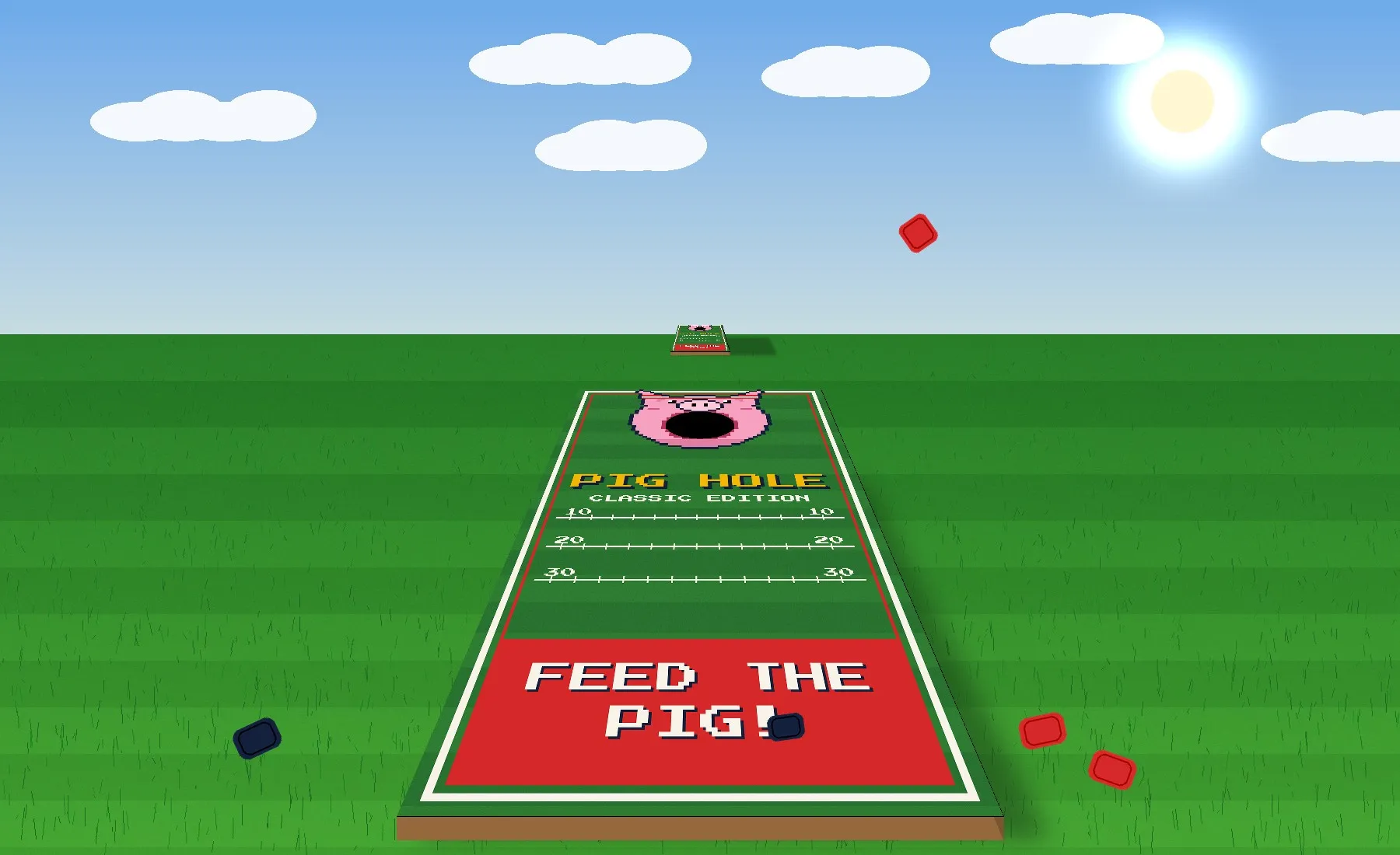 A PIG Hole Classic cornhole board on a sunny field: green turf stripes, a pink pixel pig whose open mouth is the hole, and a red FEED THE PIG! end zone, with red and navy bags around it.